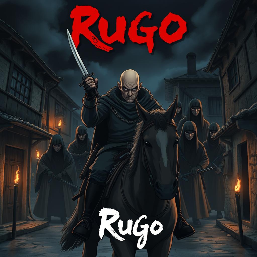 Cover art for a dark anime titled "Rugo", featuring a bald bandit with black eyes holding a short sword, confidently riding a horse