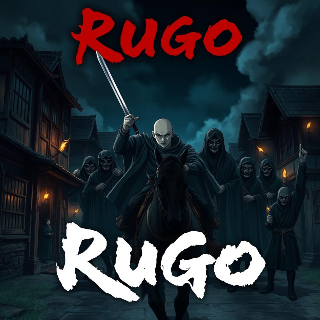 Cover art for a dark anime titled "Rugo", featuring a bald bandit with black eyes holding a short sword, confidently riding a horse