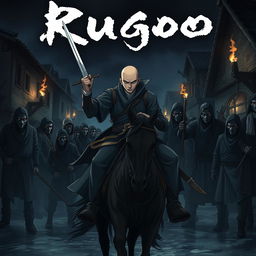 Cover art for a dark anime titled "Rugo", featuring a bald bandit with black eyes holding a short sword, confidently riding a horse