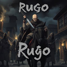 Cover art for a dark anime titled "Rugo", featuring a bald bandit with black eyes holding a short sword, confidently riding a horse