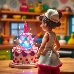 A captivating scene featuring a female baker made of playdough, stepping back to admire her stunning cake creation