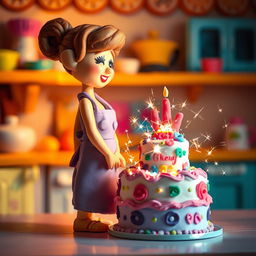 A captivating scene featuring a female baker made of playdough, stepping back to admire her stunning cake creation