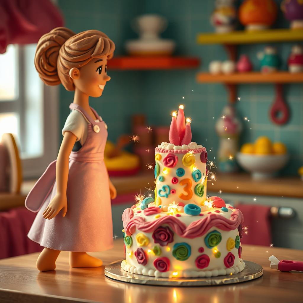 A captivating scene featuring a female baker made of playdough, stepping back to admire her stunning cake creation