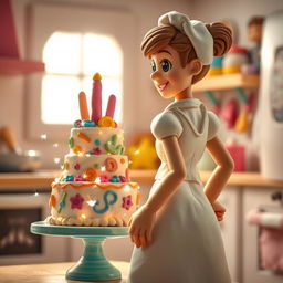 A captivating scene featuring a female baker made of playdough, stepping back to admire her stunning cake creation