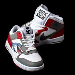 A pair of stylish sneakers themed after sharks, featuring a striking color scheme of white, grey, and blood red