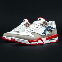 A pair of stylish sneakers themed after sharks, featuring a striking color scheme of white, grey, and blood red