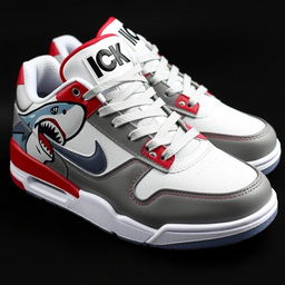 A pair of stylish sneakers themed after sharks, featuring a striking color scheme of white, grey, and blood red