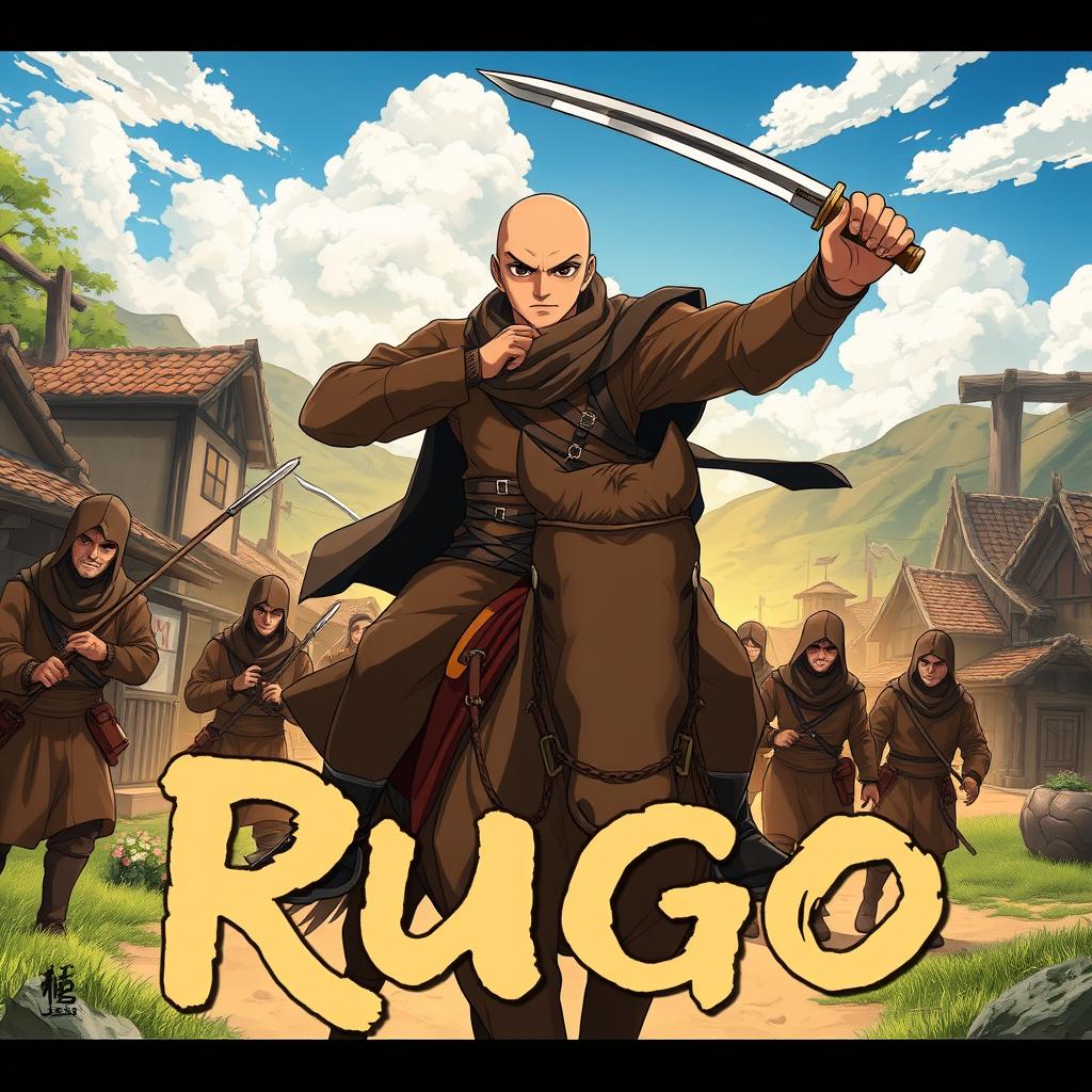 Cover art for a dark anime titled "Rugo", featuring a bald bandit with black eyes wearing brown clothes, confidently wielding a short sword while riding a horse