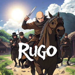 Cover art for a dark anime titled "Rugo", featuring a bald bandit with black eyes wearing brown clothes, confidently wielding a short sword while riding a horse