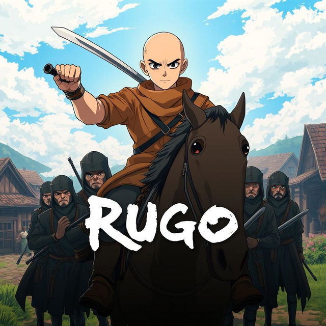 Cover art for a dark anime titled "Rugo", featuring a bald bandit with black eyes wearing brown clothes, confidently wielding a short sword while riding a horse