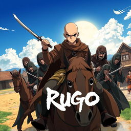 Cover art for a dark anime titled "Rugo", featuring a bald bandit with black eyes wearing brown clothes, confidently wielding a short sword while riding a horse