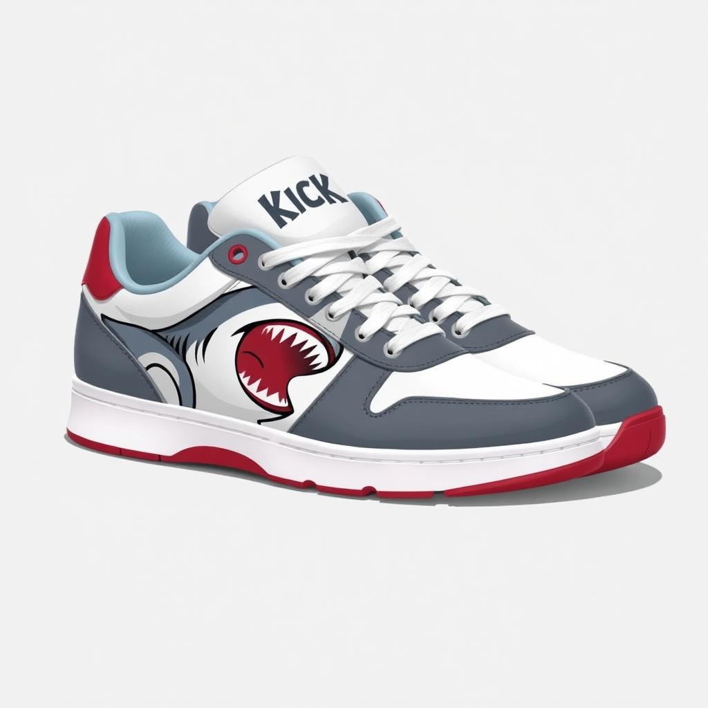 A pair of 2D sneakers themed after sharks, designed with a color palette of white, grey, and blood red