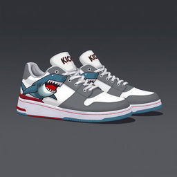 A pair of 2D sneakers themed after sharks, designed with a color palette of white, grey, and blood red