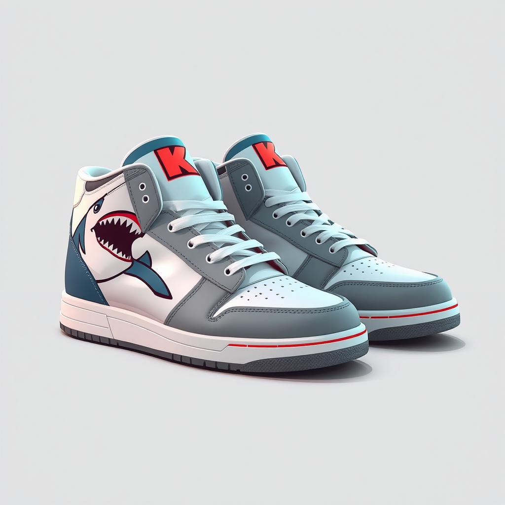 A pair of 2D sneakers themed after sharks, designed with a color palette of white, grey, and blood red