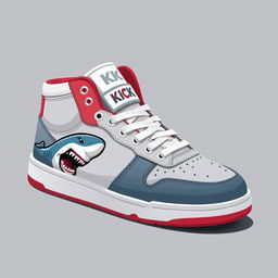 A single 2D sneaker themed after sharks, designed with a color scheme of white, grey, and blood red