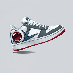 A single 2D sneaker themed after sharks, designed with a color scheme of white, grey, and blood red