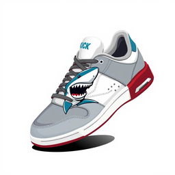 A single 2D sneaker themed after sharks, designed with a color scheme of white, grey, and blood red