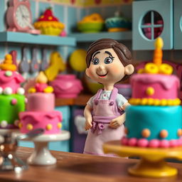 A whimsical scene featuring a playdough female baker, standing in awe as she observes her colorful cakes beginning to sway gently as if they are dancing