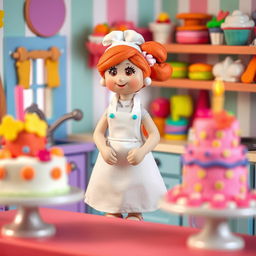 A whimsical scene featuring a playdough female baker, standing in awe as she observes her colorful cakes beginning to sway gently as if they are dancing