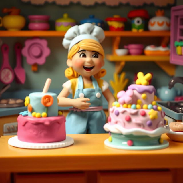 A whimsical scene featuring a playdough female baker, standing in awe as she observes her colorful cakes beginning to sway gently as if they are dancing