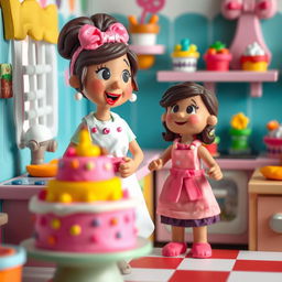 A whimsical scene featuring a playdough female baker, standing in awe as she observes her colorful cakes beginning to sway gently as if they are dancing