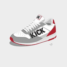 A single 2D sneaker named 'KICK', designed with a color palette of white, grey, and blood red