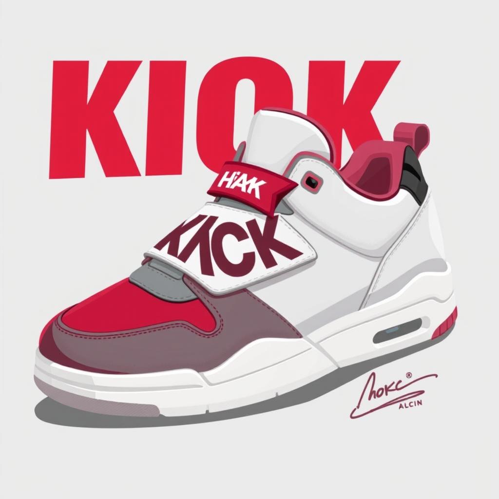 A single 2D sneaker named 'KICK', designed with a color palette of white, grey, and blood red