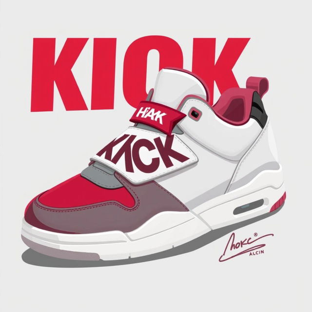 A single 2D sneaker named 'KICK', designed with a color palette of white, grey, and blood red