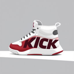 A single 2D sneaker named 'KICK', designed with a color palette of white, grey, and blood red