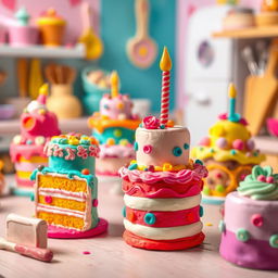 A whimsical scene depicting colorful cakes made of playdough, gently swaying and moving as if they are dancing