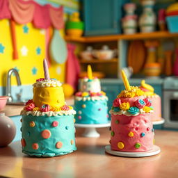 A whimsical scene depicting colorful cakes made of playdough, gently swaying and moving as if they are dancing