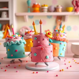 A whimsical scene depicting colorful cakes made of playdough, gently swaying and moving as if they are dancing