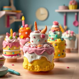 A whimsical scene depicting colorful cakes made of playdough, gently swaying and moving as if they are dancing