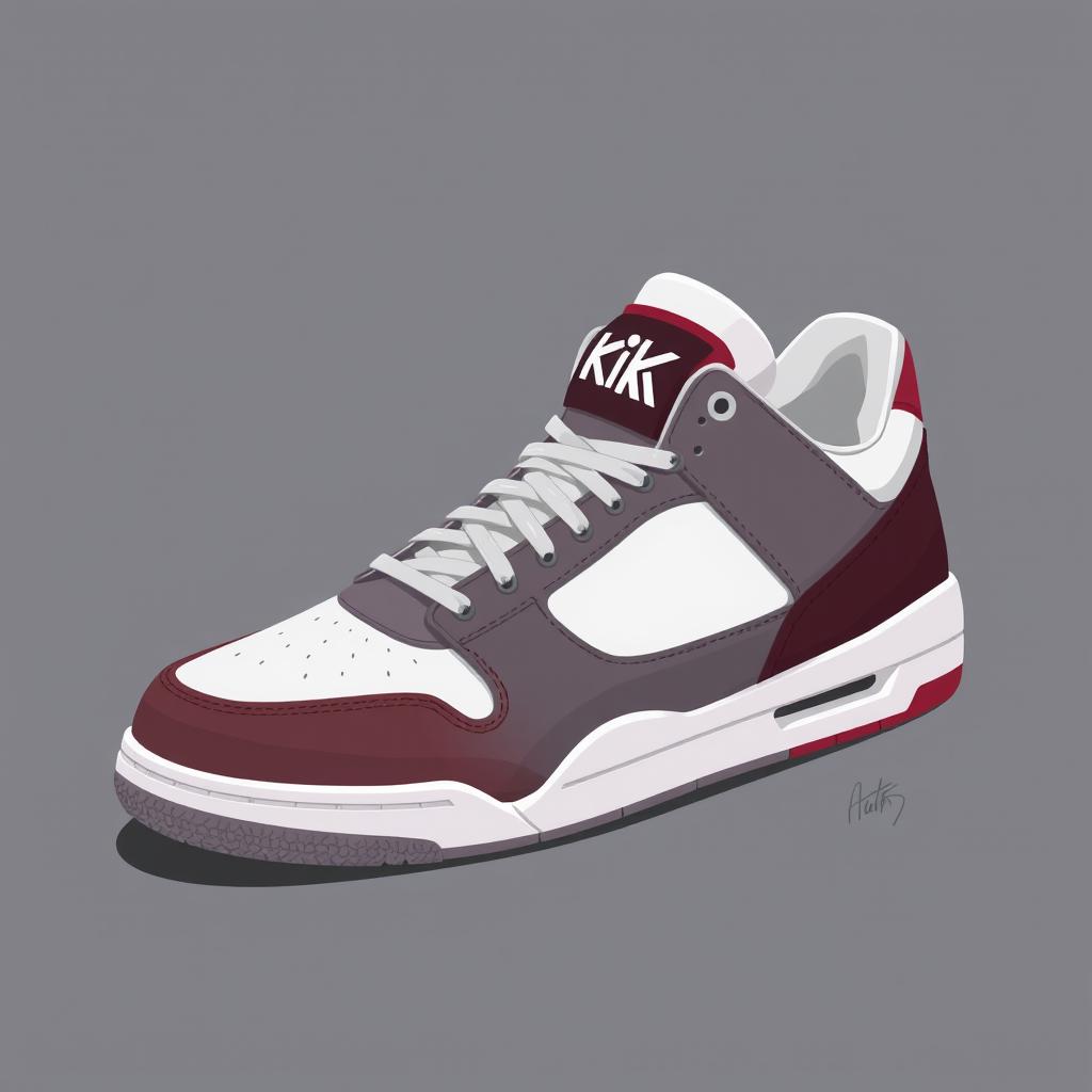 A single 2D sneaker named 'KICK', featuring a color scheme of white, grey, and blood red