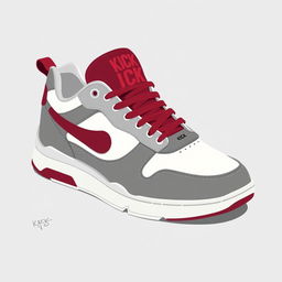 A single 2D sneaker named 'KICK', featuring a color scheme of white, grey, and blood red