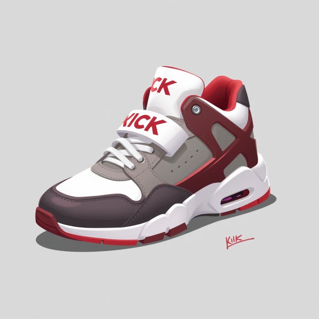 A single 2D sneaker named 'KICK', featuring a color scheme of white, grey, and blood red