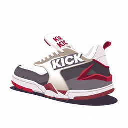 A single 2D sneaker named 'KICK', featuring a color scheme of white, grey, and blood red