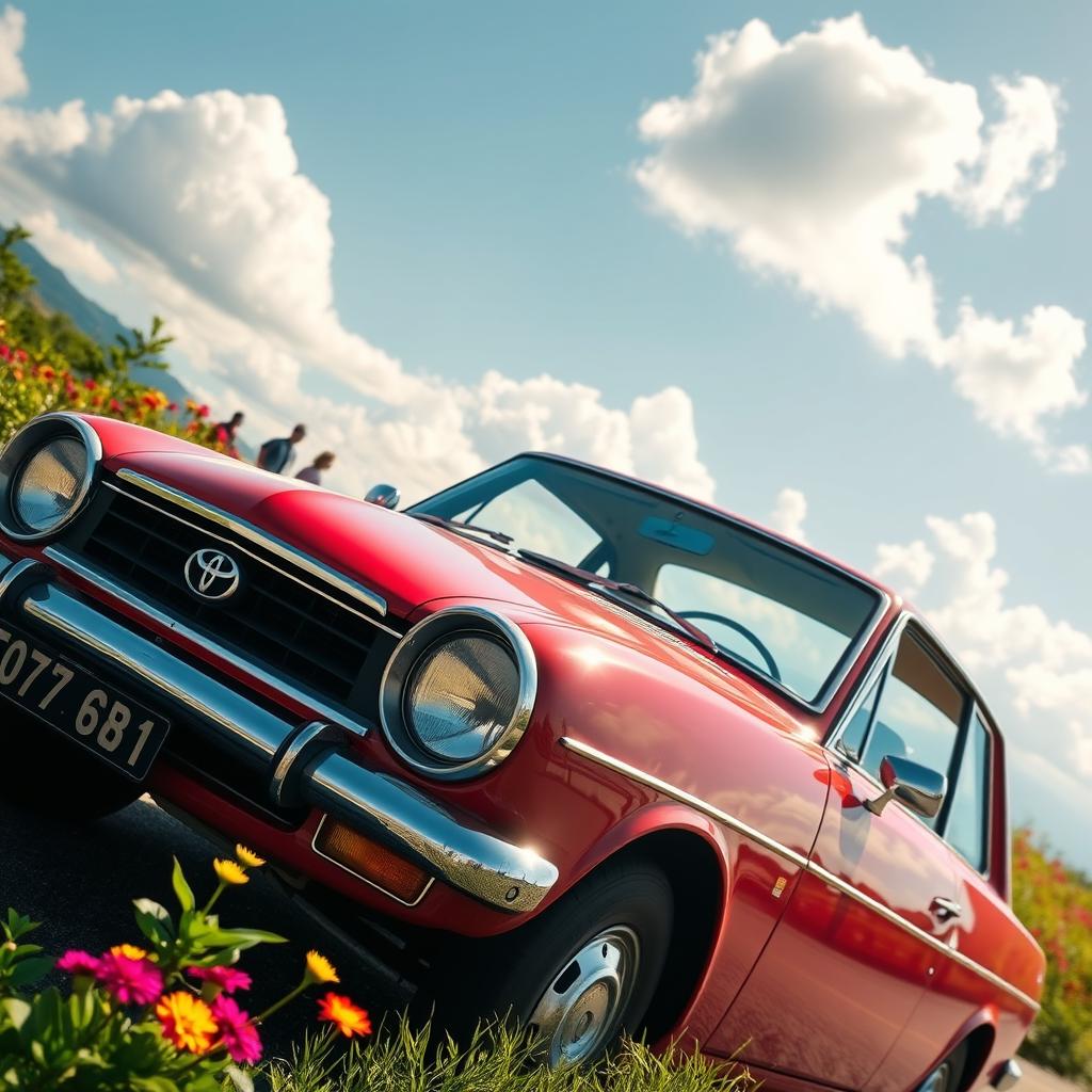 A vintage Toyota car, showcasing its classic design and features, parked on a scenic road surrounded by lush greenery and colorful flowers