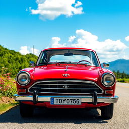 A vintage Toyota car, showcasing its classic design and features, parked on a scenic road surrounded by lush greenery and colorful flowers