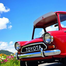 A vintage Toyota car, showcasing its classic design and features, parked on a scenic road surrounded by lush greenery and colorful flowers