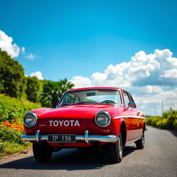 A vintage Toyota car, showcasing its classic design and features, parked on a scenic road surrounded by lush greenery and colorful flowers