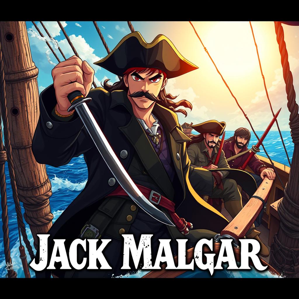 Cover art for a dark anime titled "Jack Malgar", featuring a pirate captain with a black pirate captain's outfit, holding a scimitar sword in his left hand