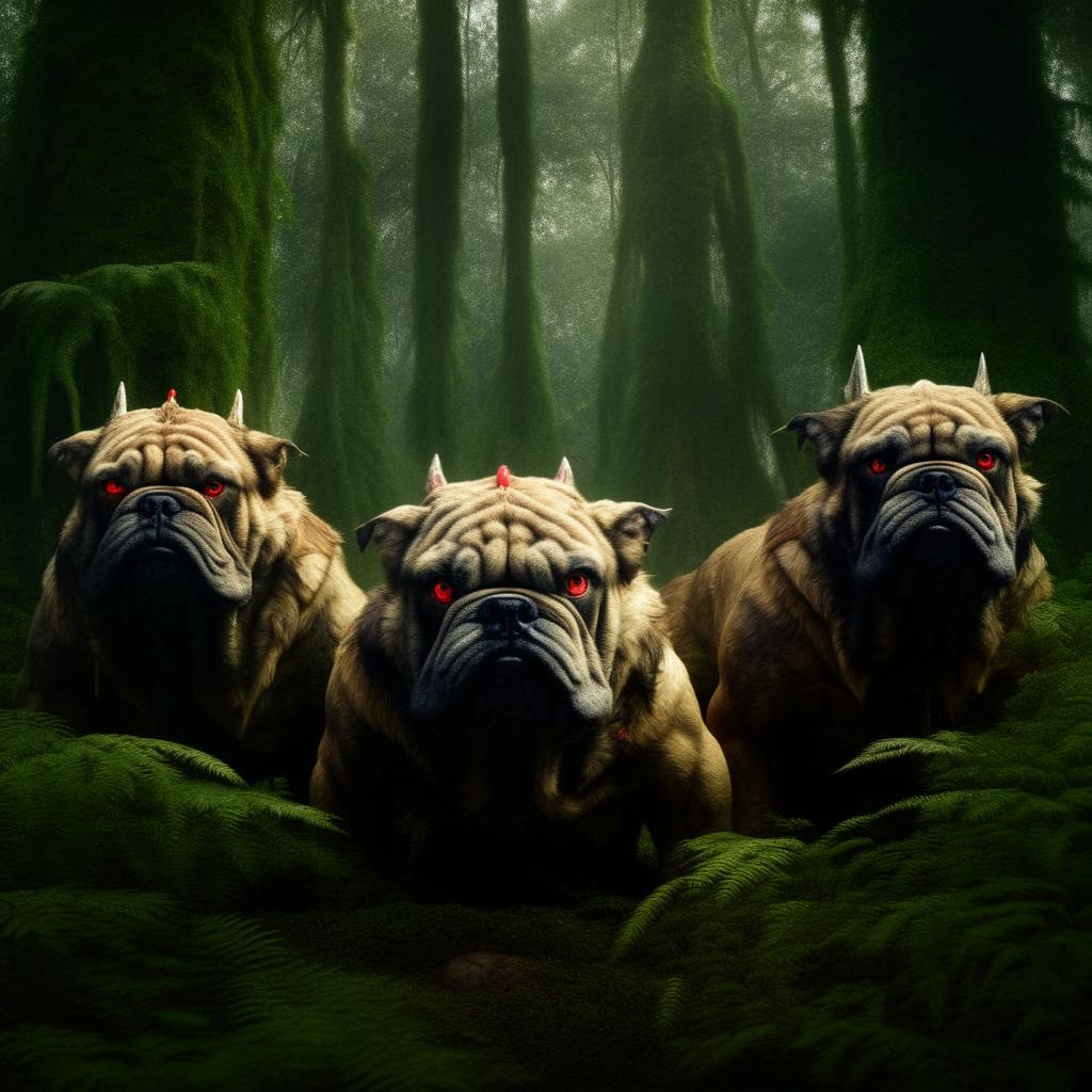 Menacing bulldogs with red eyes and mean faces, standing assertively amidst the dense greenery of a forest.