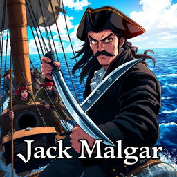 Cover art for a dark anime titled "Jack Malgar", featuring a pirate captain with a black pirate captain's outfit, holding a scimitar sword in his left hand