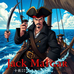 Cover art for a dark anime titled "Jack Malgar", featuring a pirate captain with a black pirate captain's outfit, holding a scimitar sword in his left hand