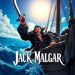 Cover art for a dark anime titled "Jack Malgar", featuring a pirate captain with a black pirate captain's outfit, holding a scimitar sword in his left hand