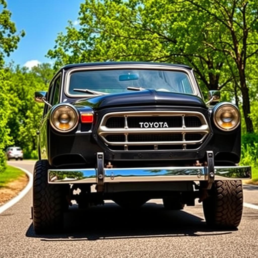 An old black Toyota car viewed from the front left side, showcasing its vintage features and sleek lines