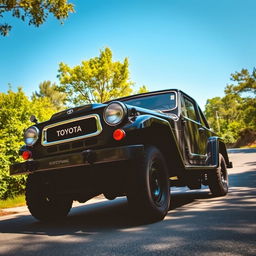 An old black Toyota car viewed from the front left side, showcasing its vintage features and sleek lines