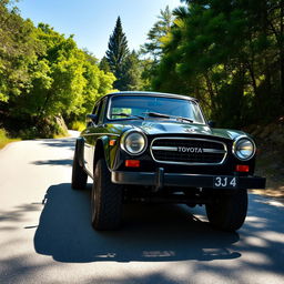 An old black Toyota car viewed from the front left side, showcasing its vintage features and sleek lines