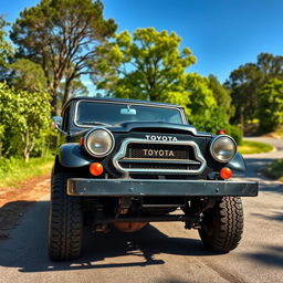 An old black Toyota car viewed from the front left side, showcasing its vintage features and sleek lines